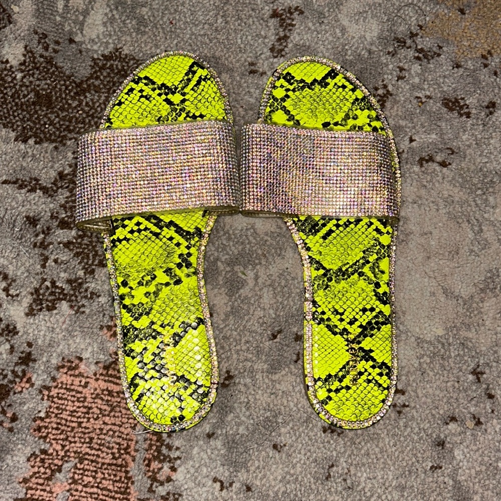 Snake Skin neon green sandals/ crystal band